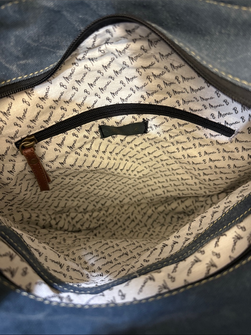 Mona B Blue Denim Crossbody with Brown Trim - Picture 4 of 6